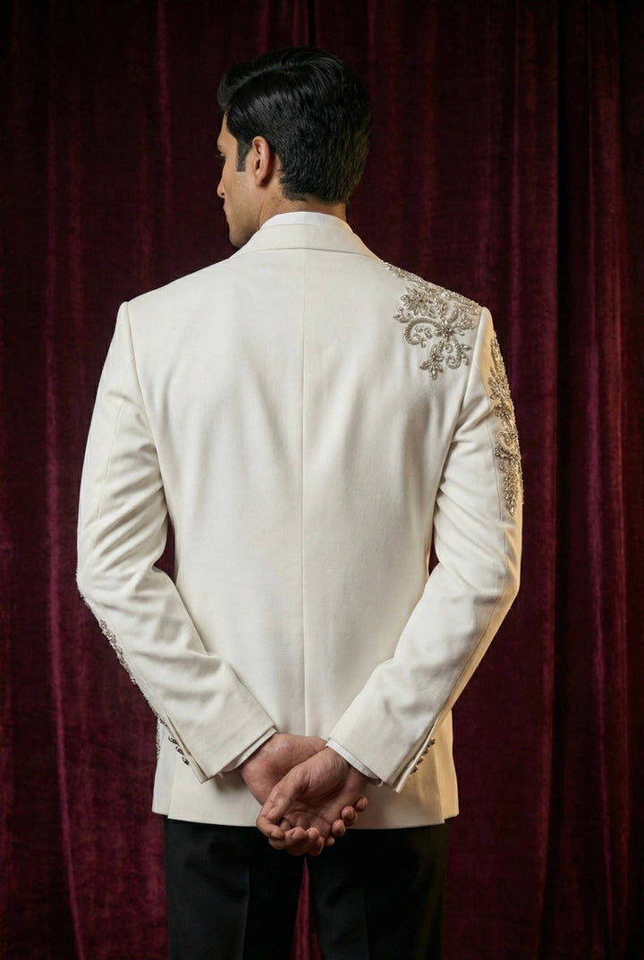 Abees White embroidered statement tuxedo jacket and trousers - side view