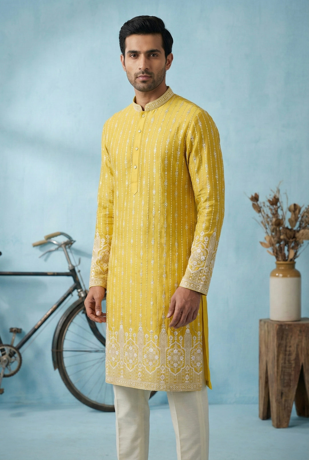 Abees Yellow embroidered kurta set - front view