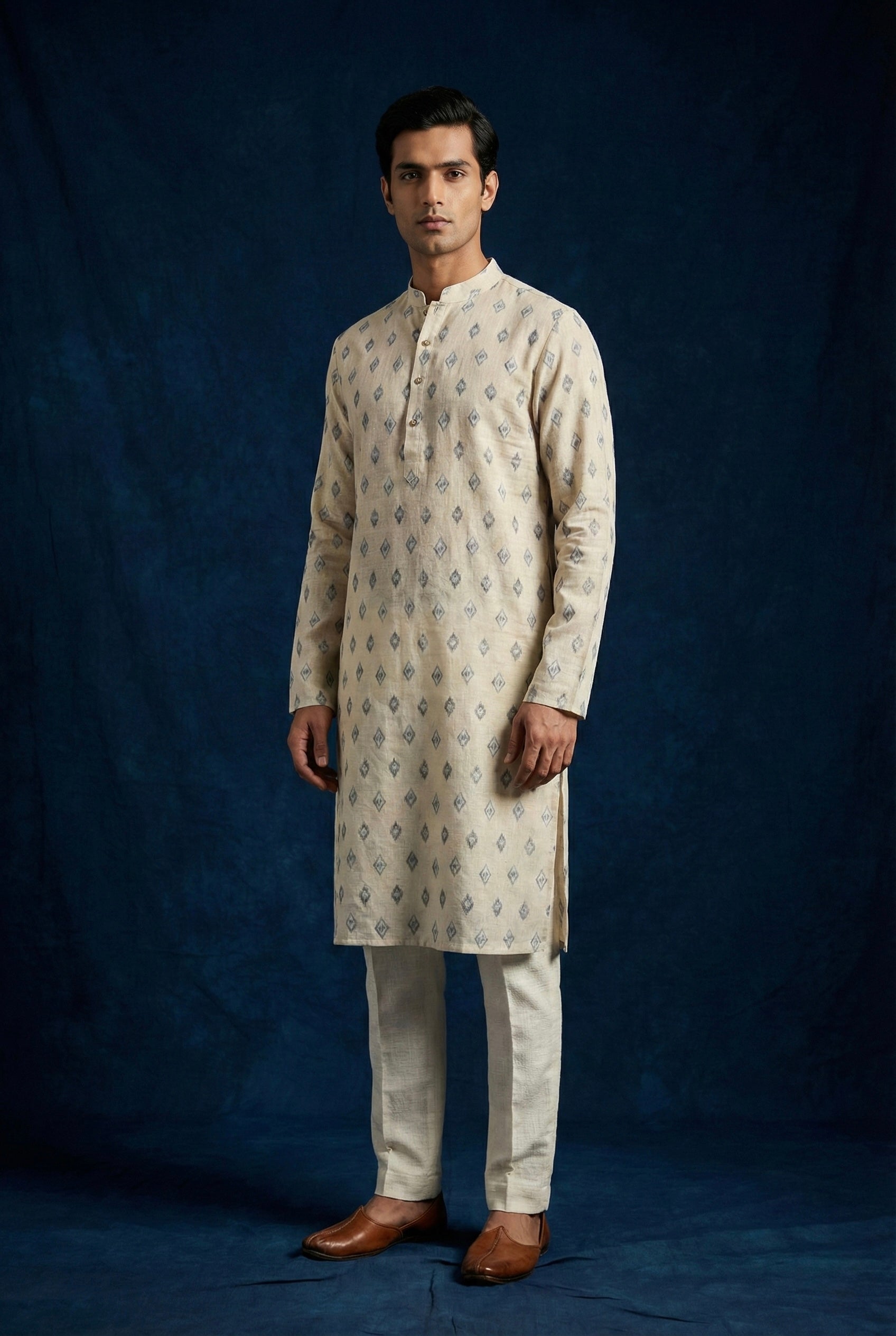 Ivory Geometric Printed 100% Linen Kurta for Men