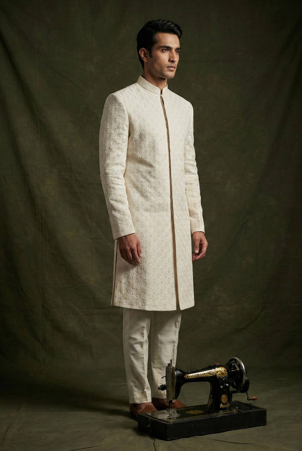 Abees White art silk embroidered sherwani set - front view