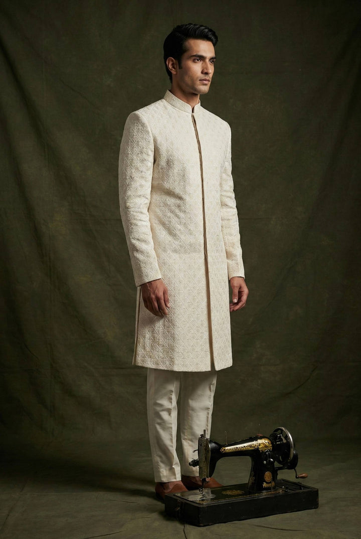 Abees White art silk embroidered sherwani set - front view