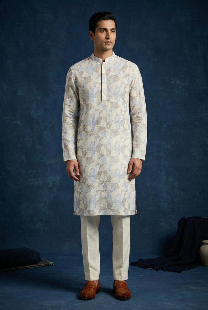 Abees Blue linen printed kurta set with trousers - front view