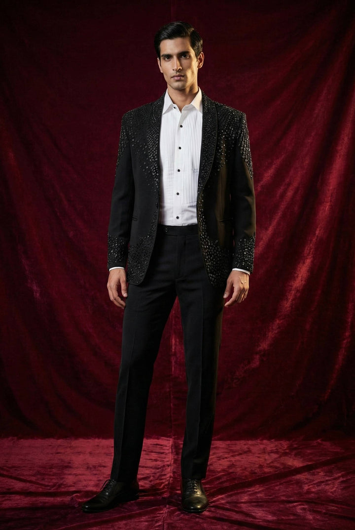 Abees Black sequin embellished tuxedo set - side view