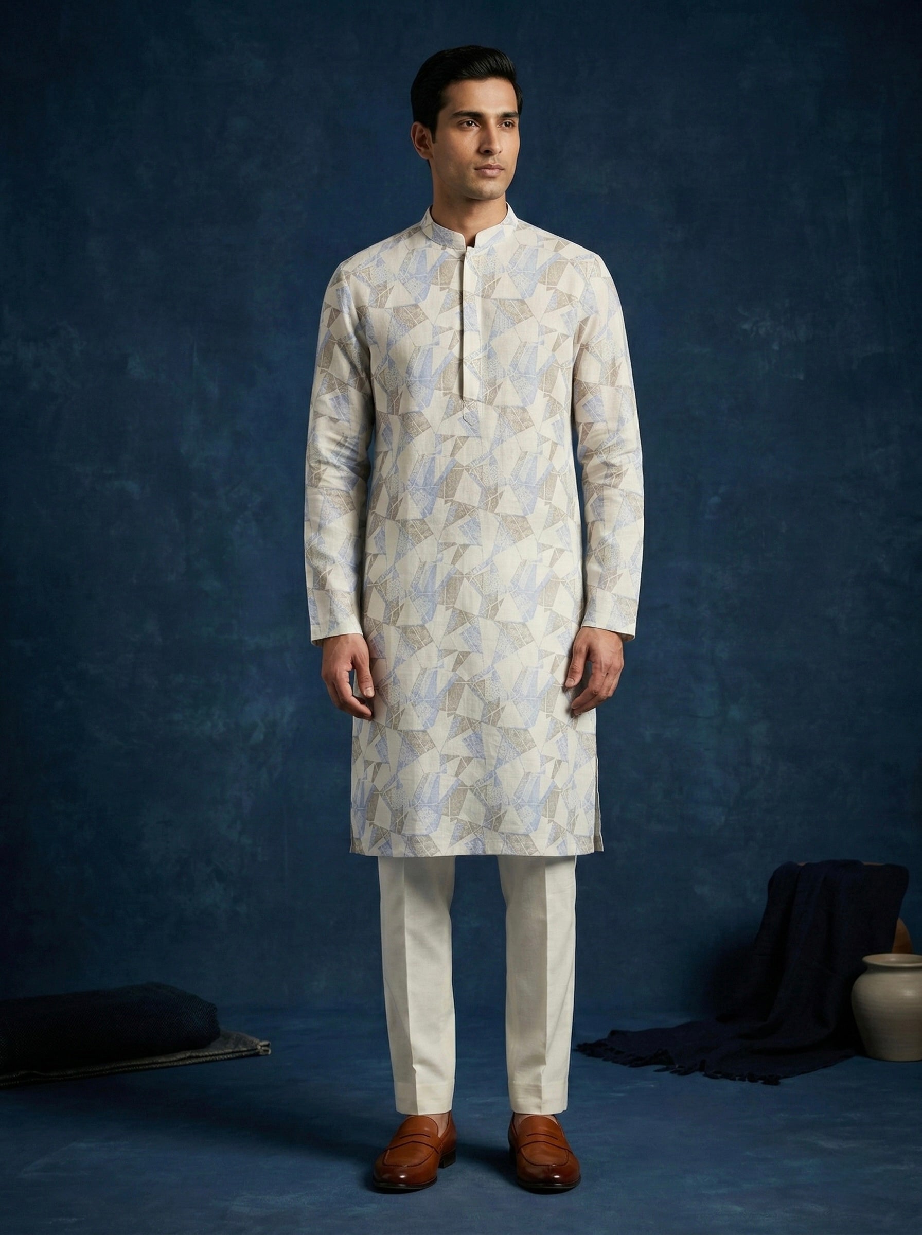 Ivory & Blue Abstract Geometric 100% Linen Kurta with Trousers