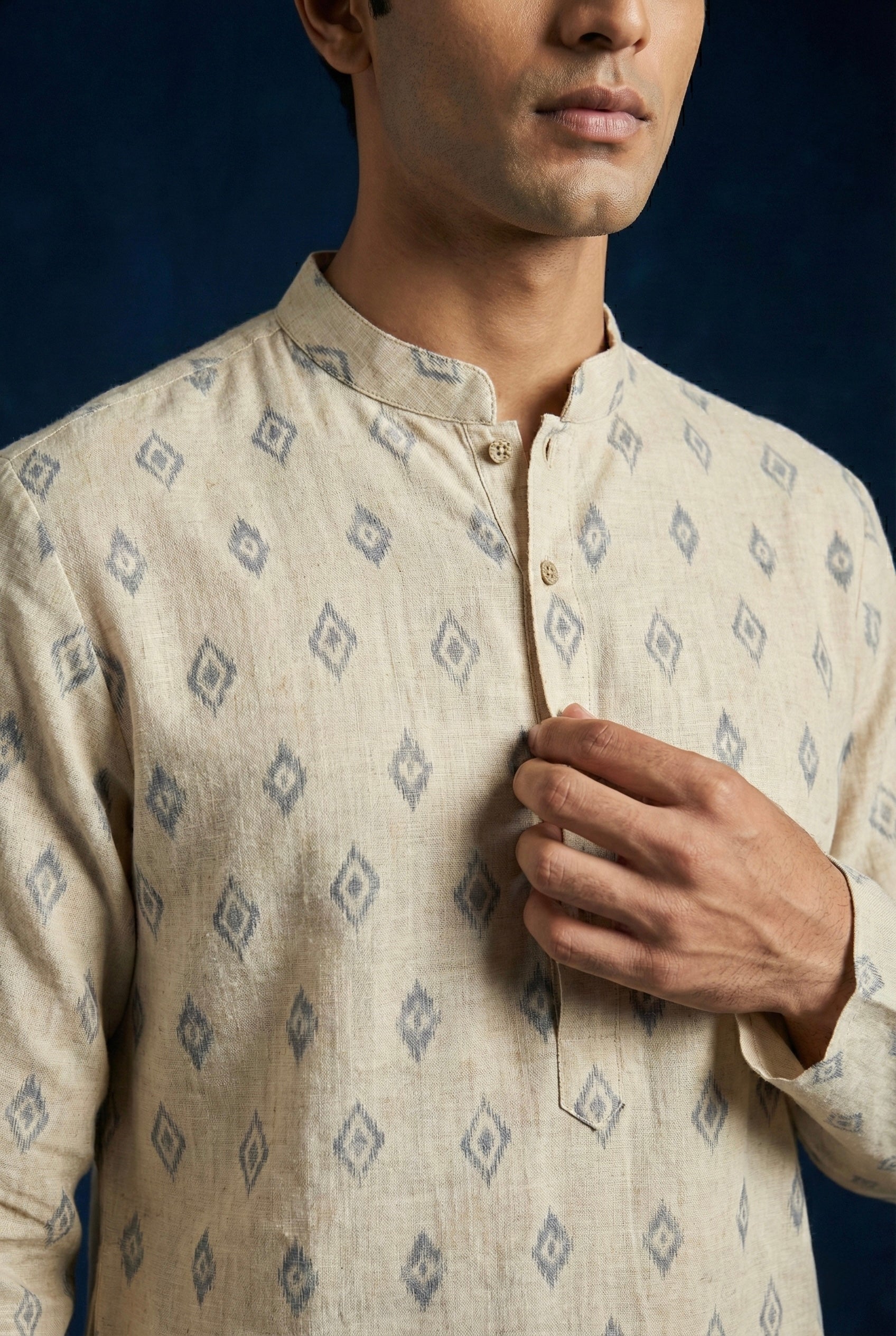 Ivory Geometric Printed 100% Linen Kurta for Men