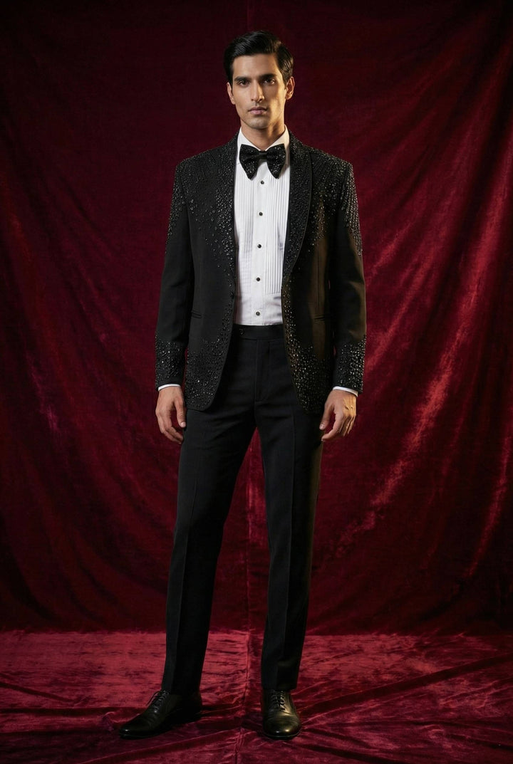 Abees Black sequin embellished tuxedo set - front view