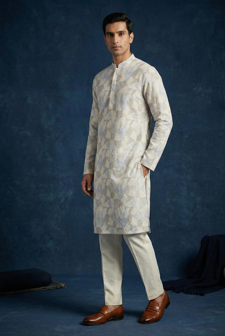 Abees Blue linen printed kurta set with trousers - side view