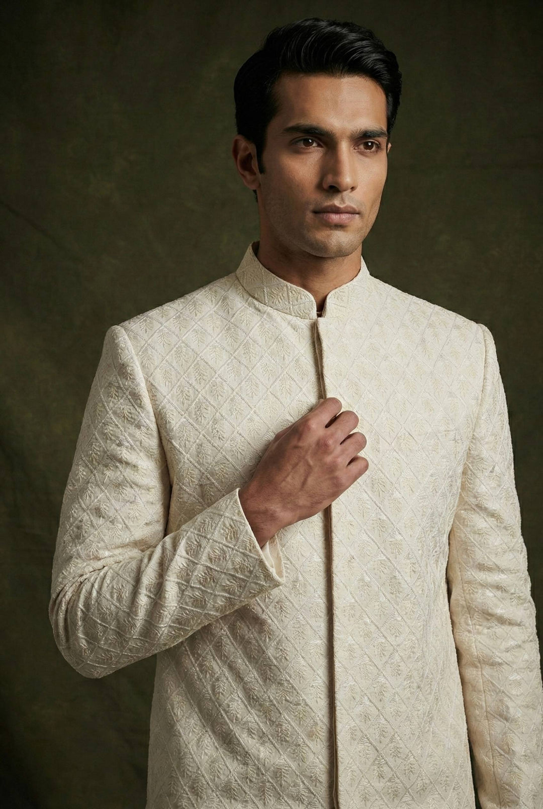 Abees White art silk embroidered sherwani set - back view