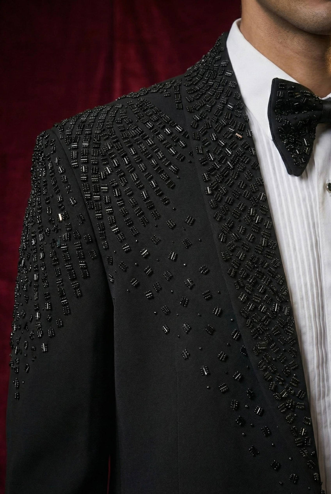 Abees Black sequin embellished tuxedo set - back view