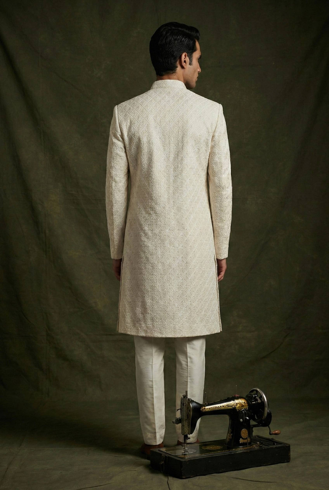 Abees White art silk embroidered sherwani set - side view