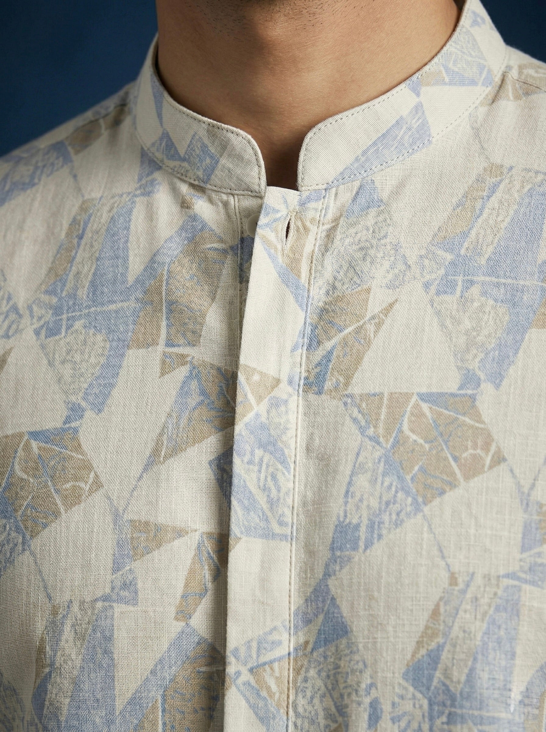 Ivory & Blue Abstract Geometric 100% Linen Kurta with Trousers