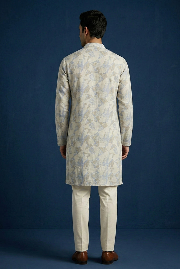 Abees Blue linen printed kurta set with trousers - detail view 1