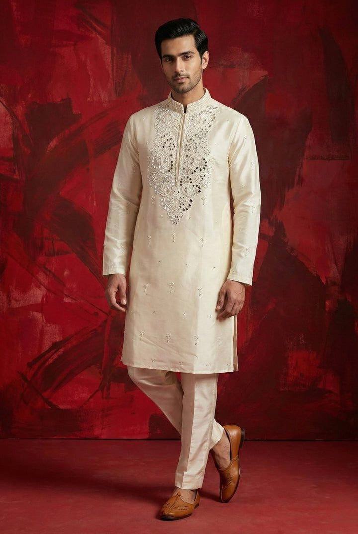 Abees White hand embroidered kurta set - front view