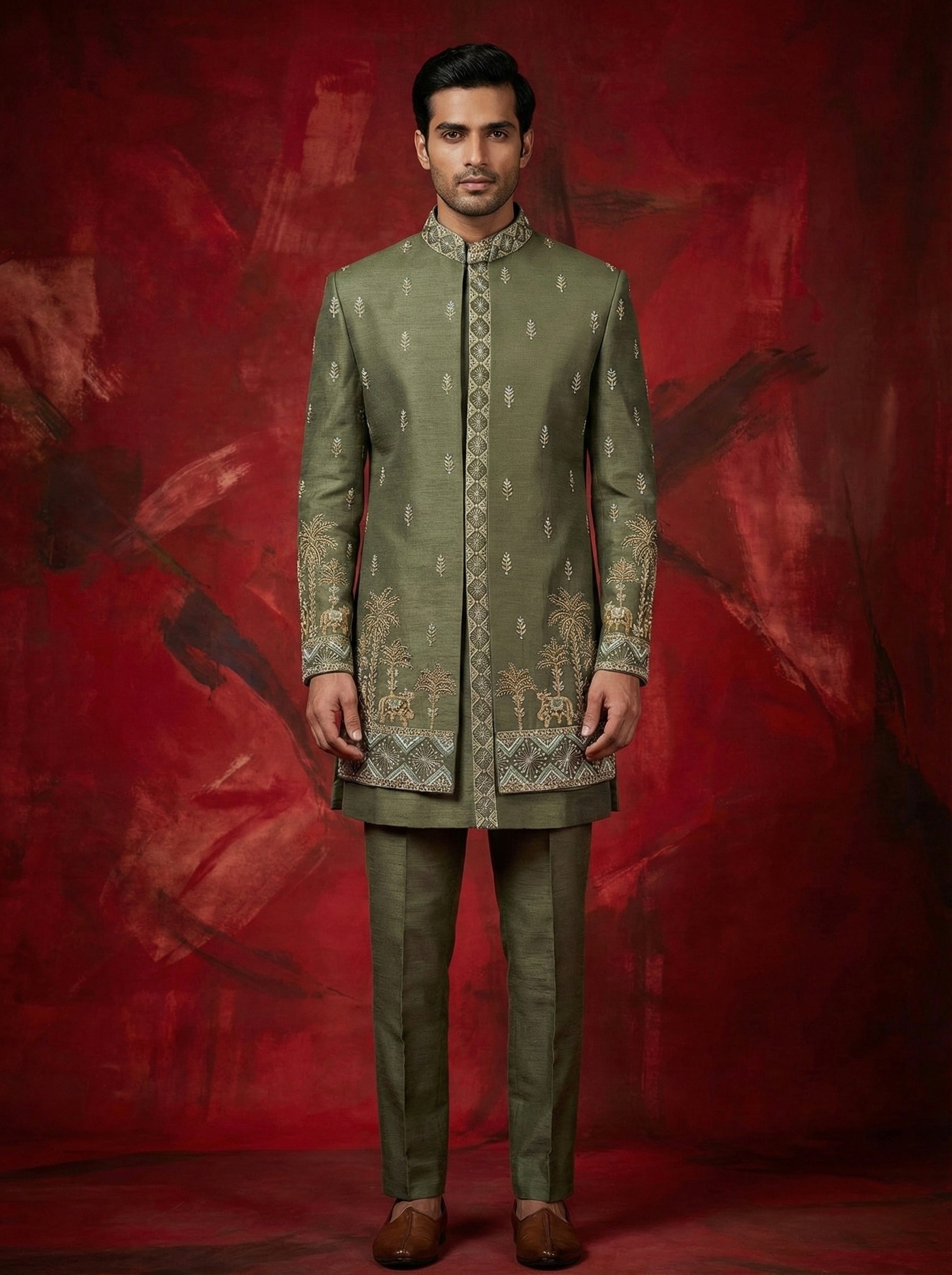 Green Linen Silk Zari Handwork Open Sherwani Set