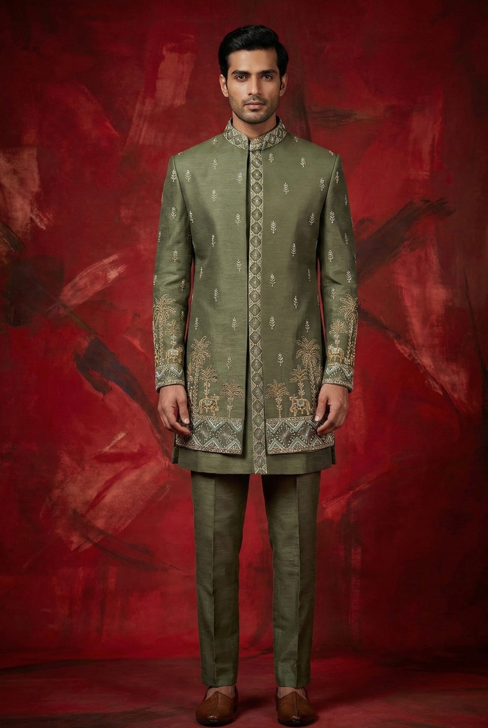 Green Linen Silk Zari Handwork Open Sherwani Set