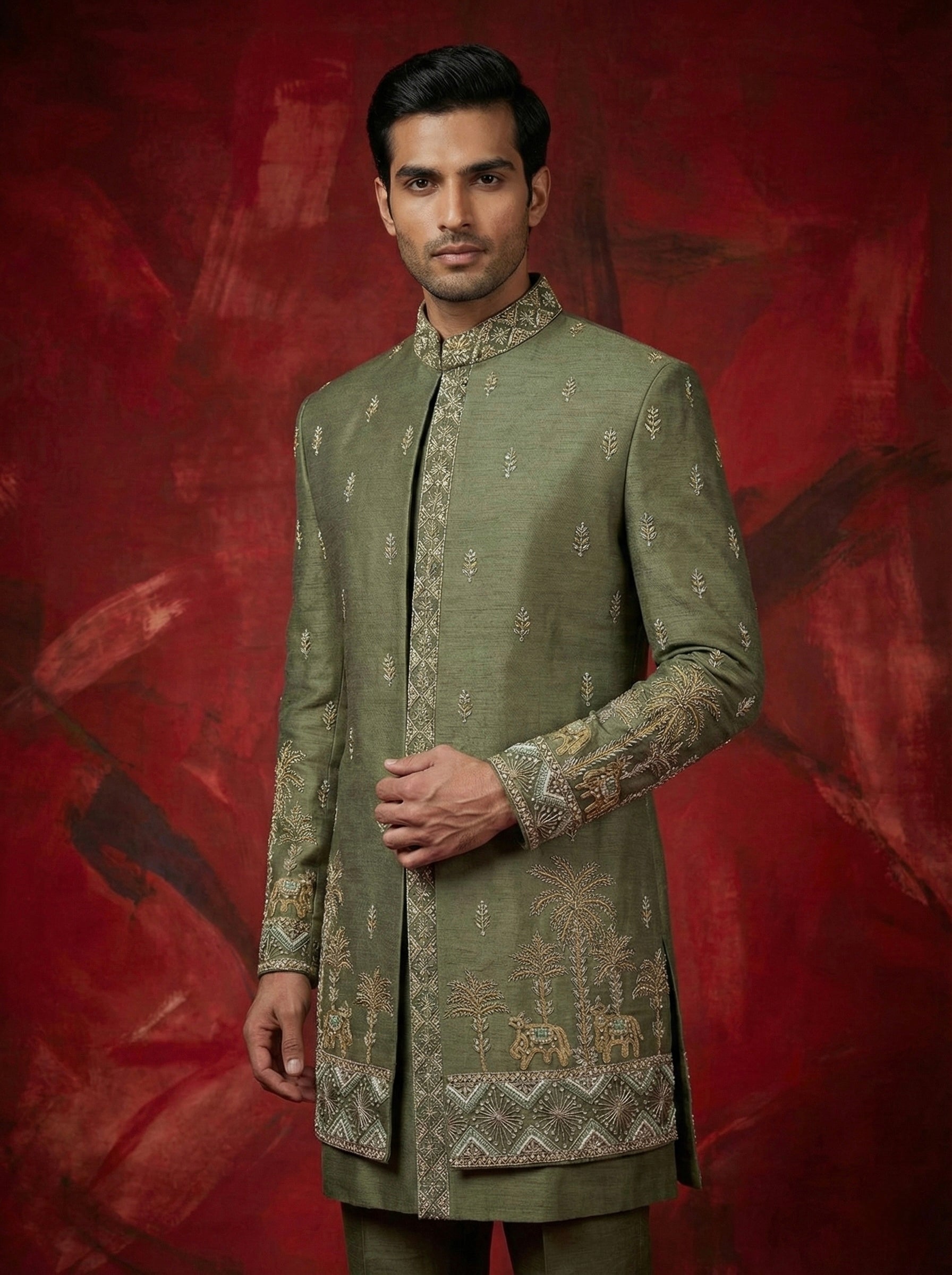 Green Linen Silk Zari Handwork Open Sherwani Set