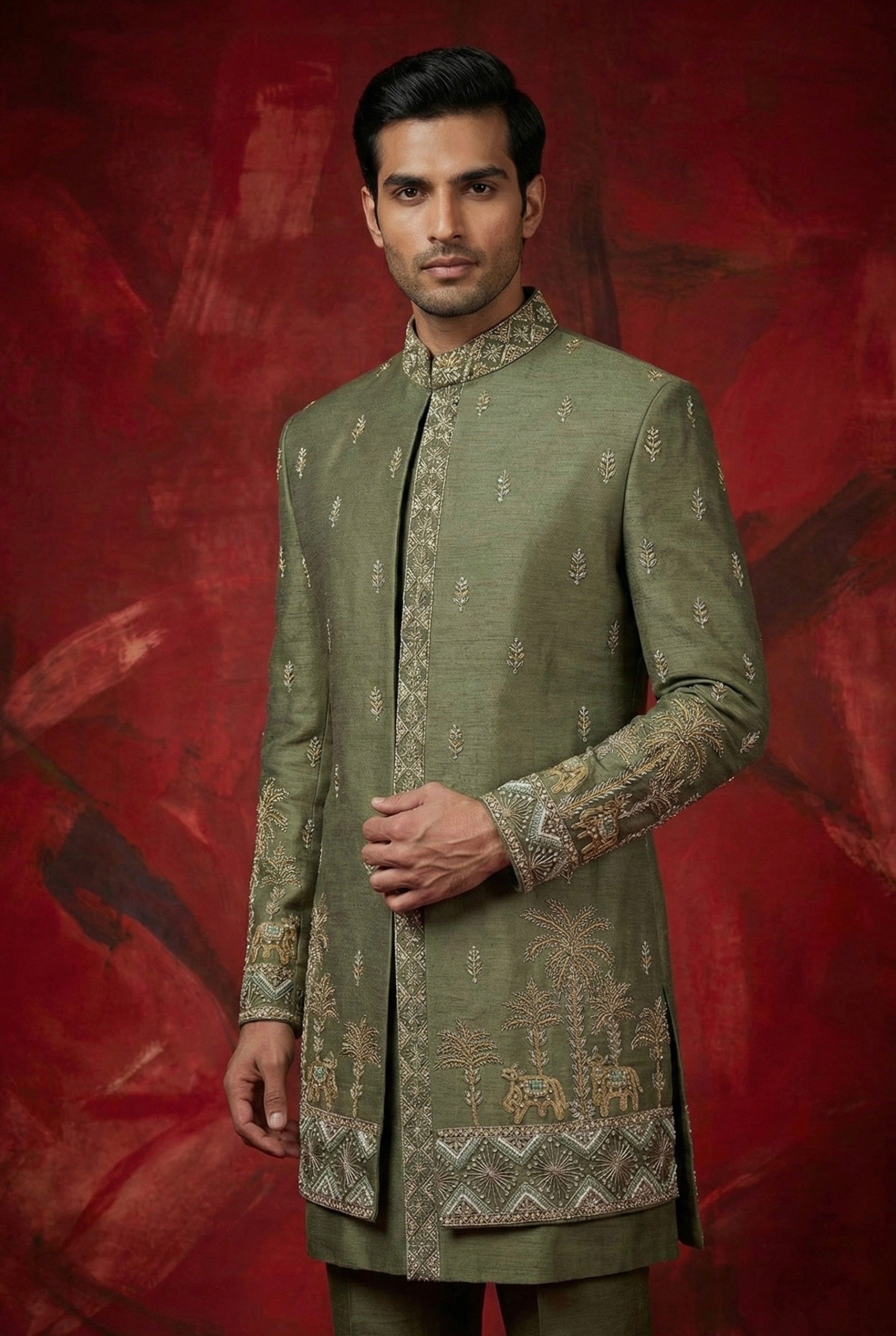 Green Linen Silk Zari Handwork Open Sherwani Set