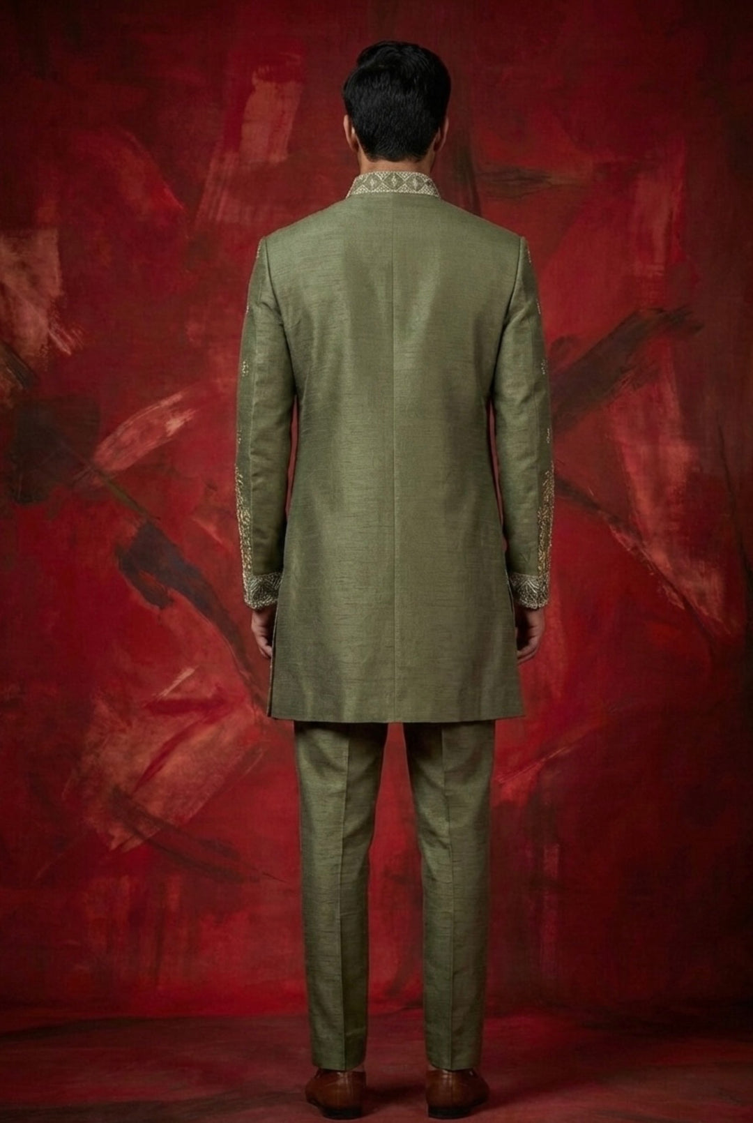 Abees Green linen zardosi open sherwani set - side view