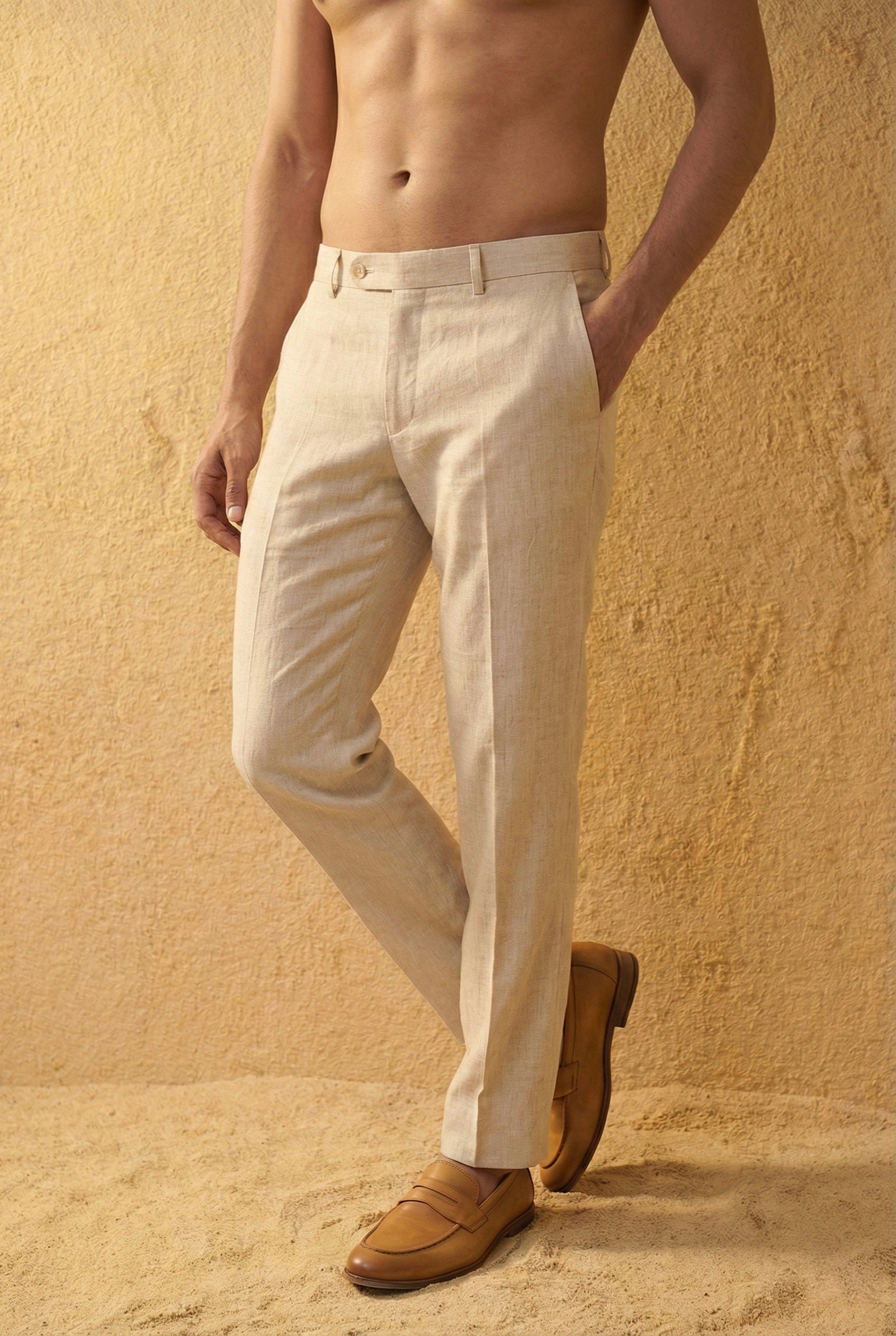 Beige Striped Pure Linen Shirt for Men