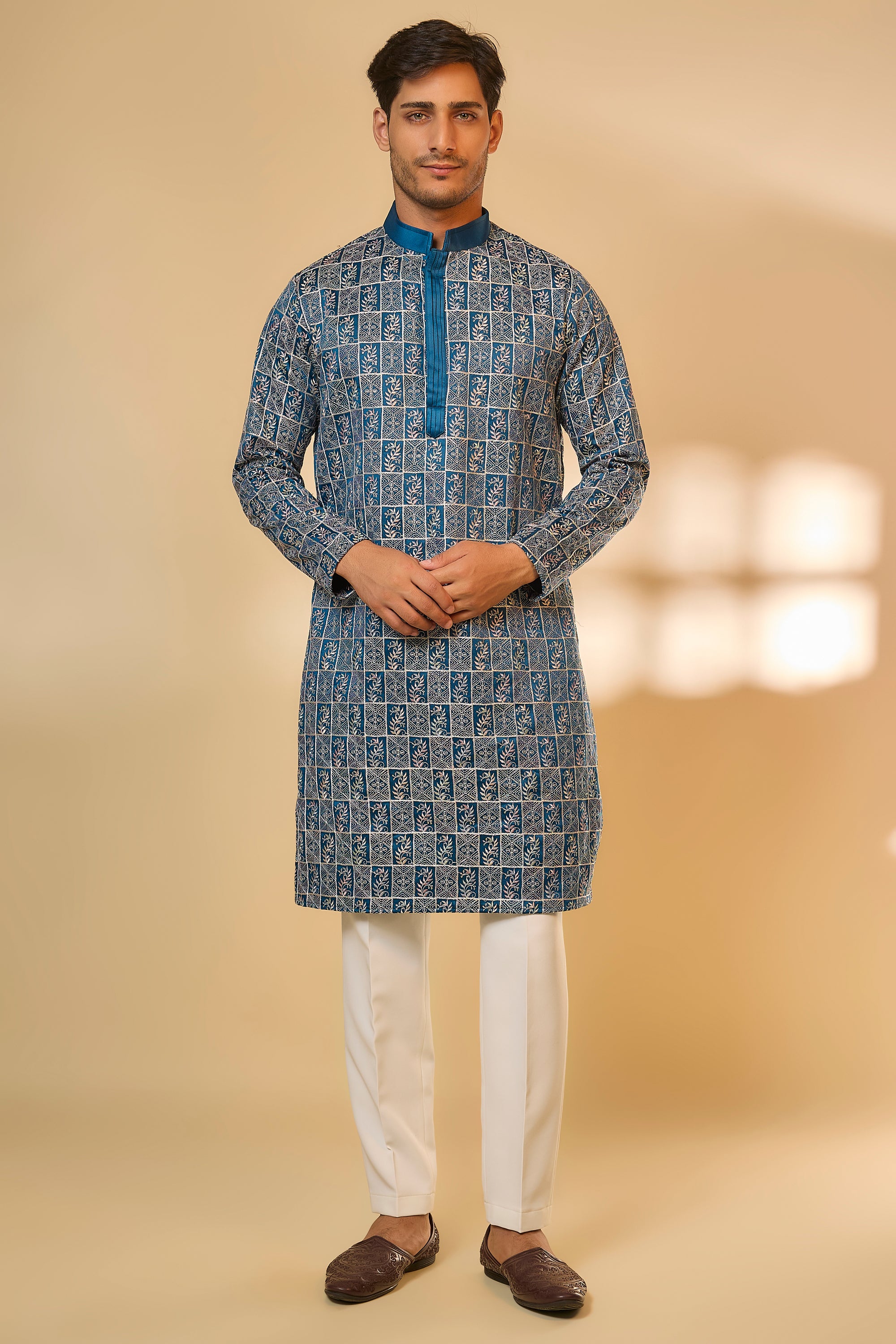 Abees Blue cotton silk embroidered kurta set - front view