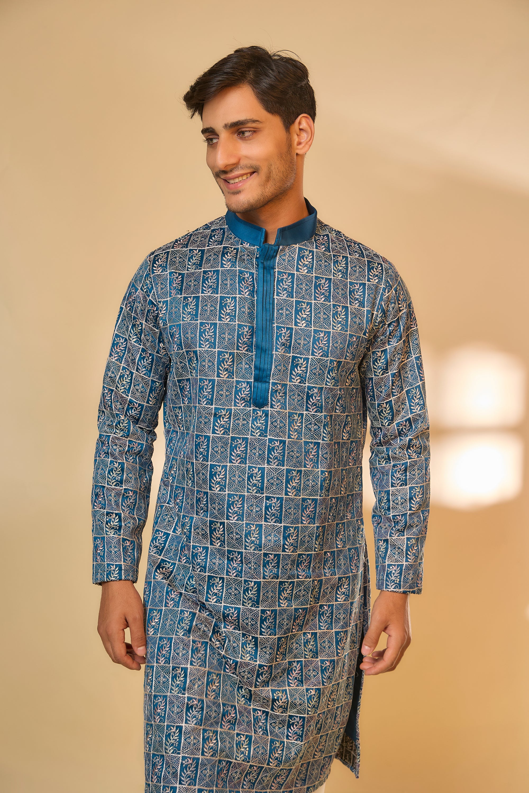 Abees Blue cotton silk embroidered kurta set - back view