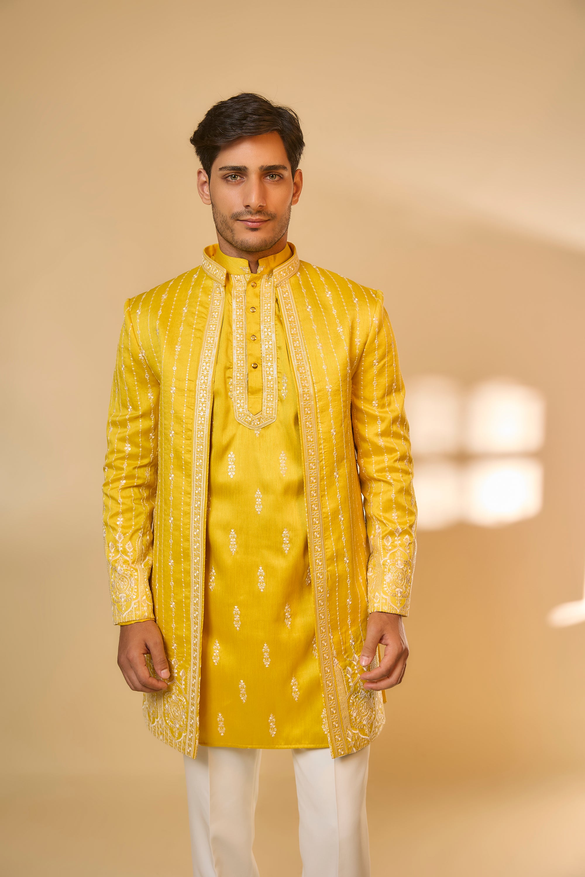 Abees Yellow cotton silk embroidered sherwani set - back view