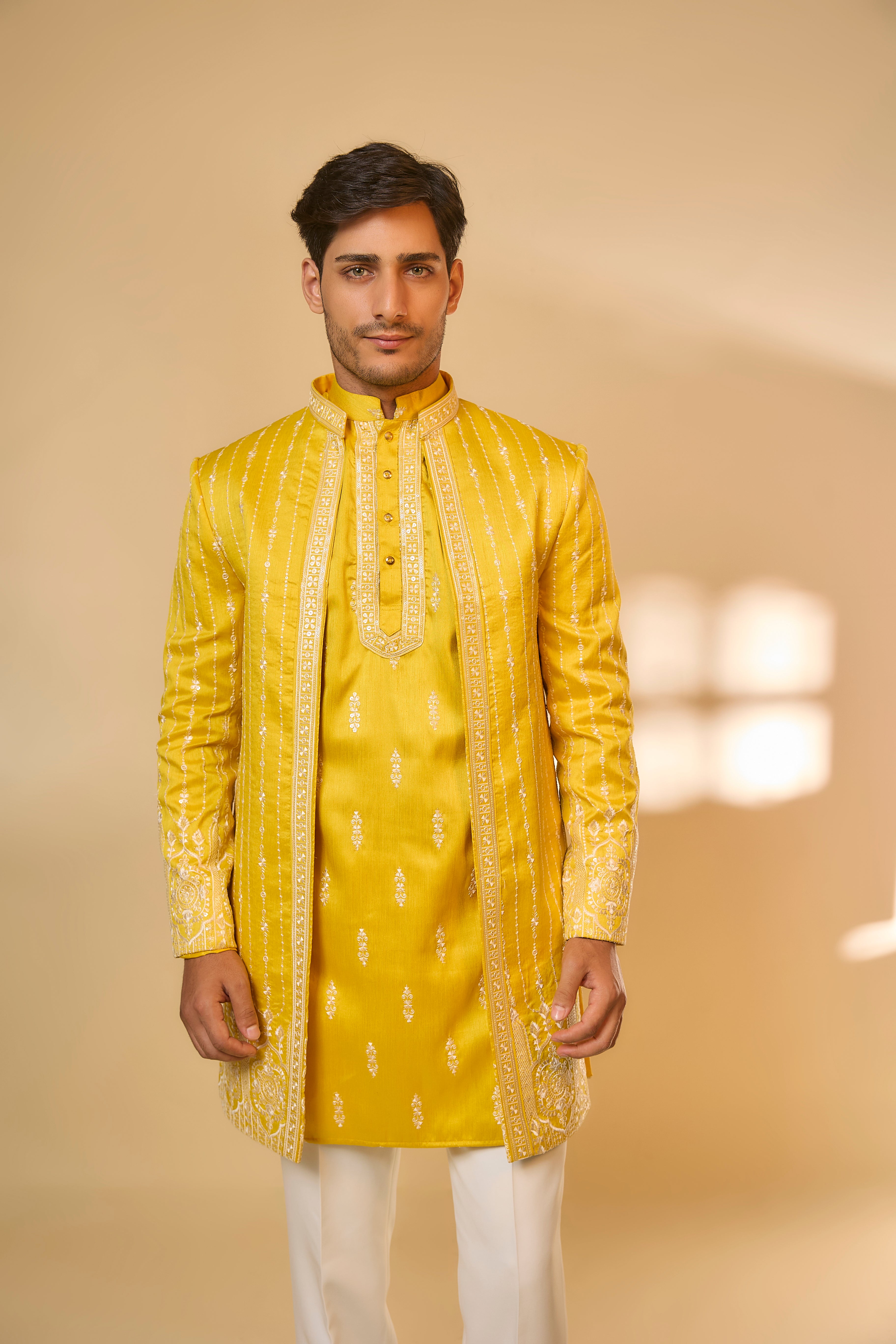 Yellow Cotton Silk Machine Embroidered Sherwani Set