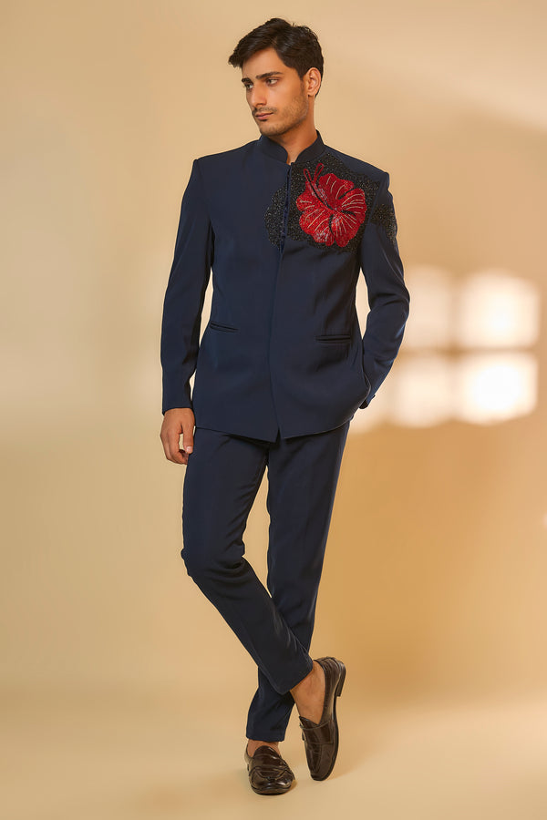 Abees Blue viscose beadwork bandhgala set - front view