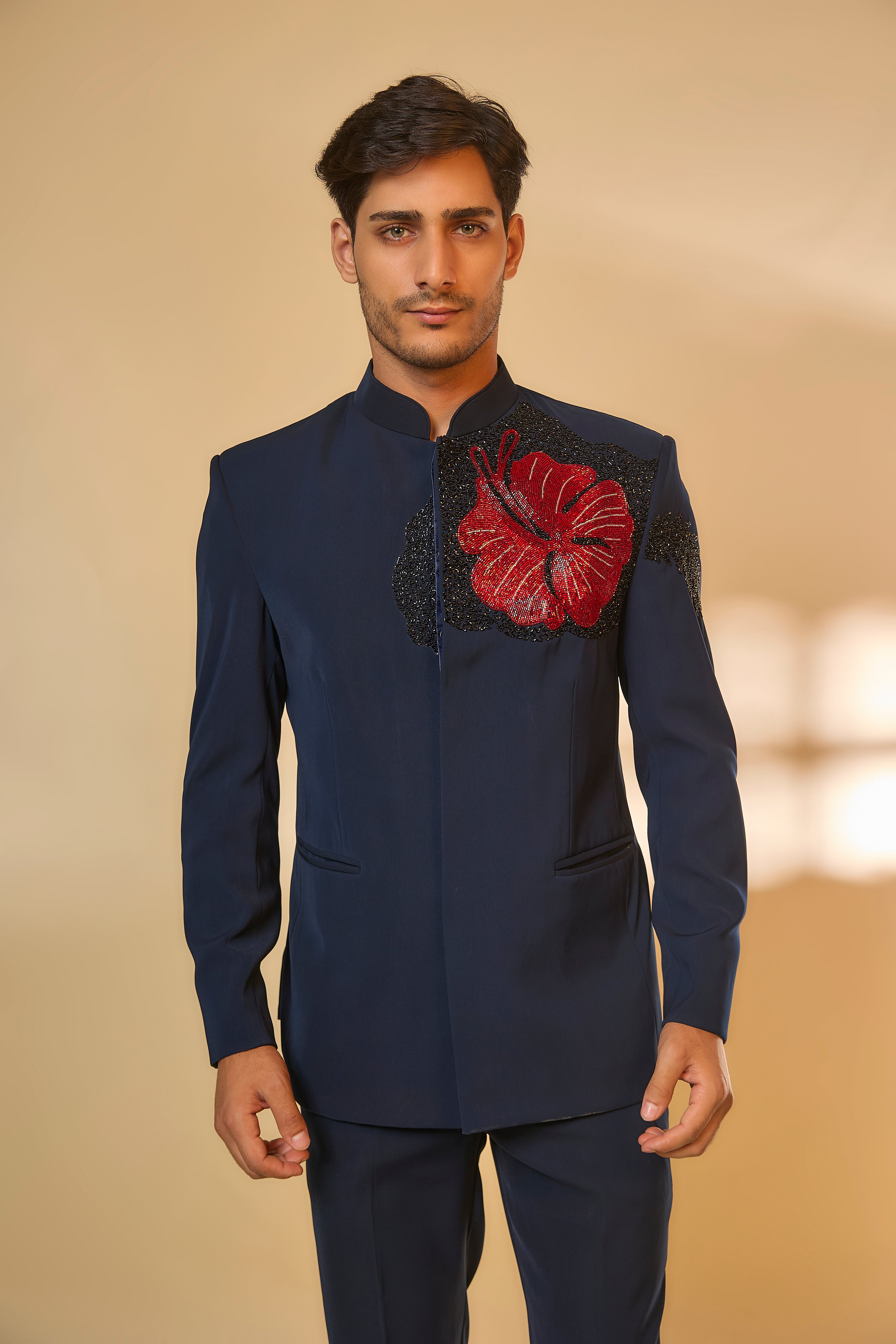 Dark Blue Japanese Rayon Cutdana Handwork Bandhgala Set