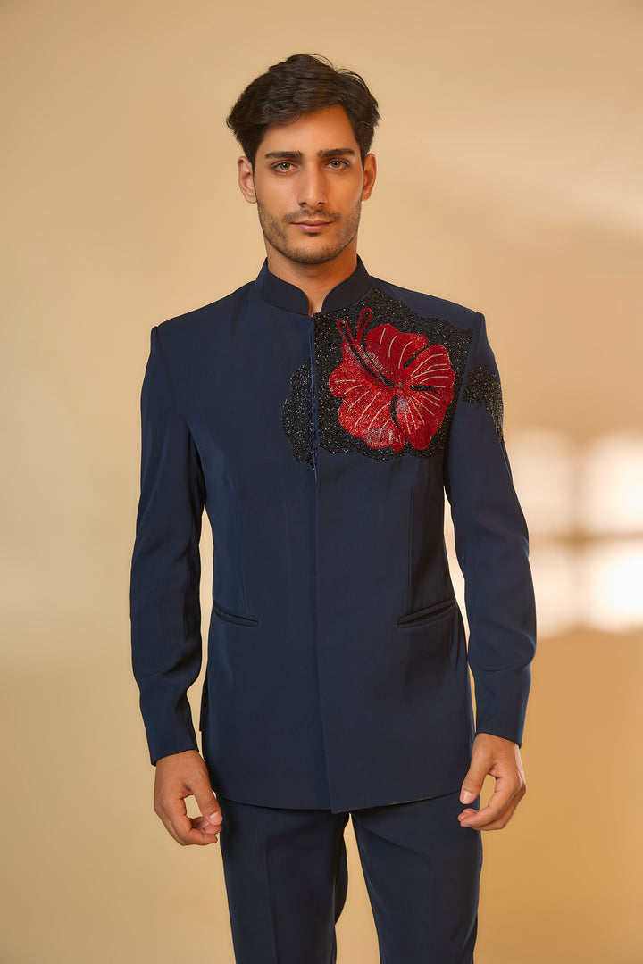 Abees Blue viscose beadwork bandhgala set - back view