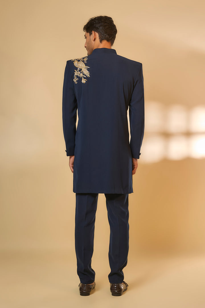 Abees Blue viscose zardosi sherwani set - back view