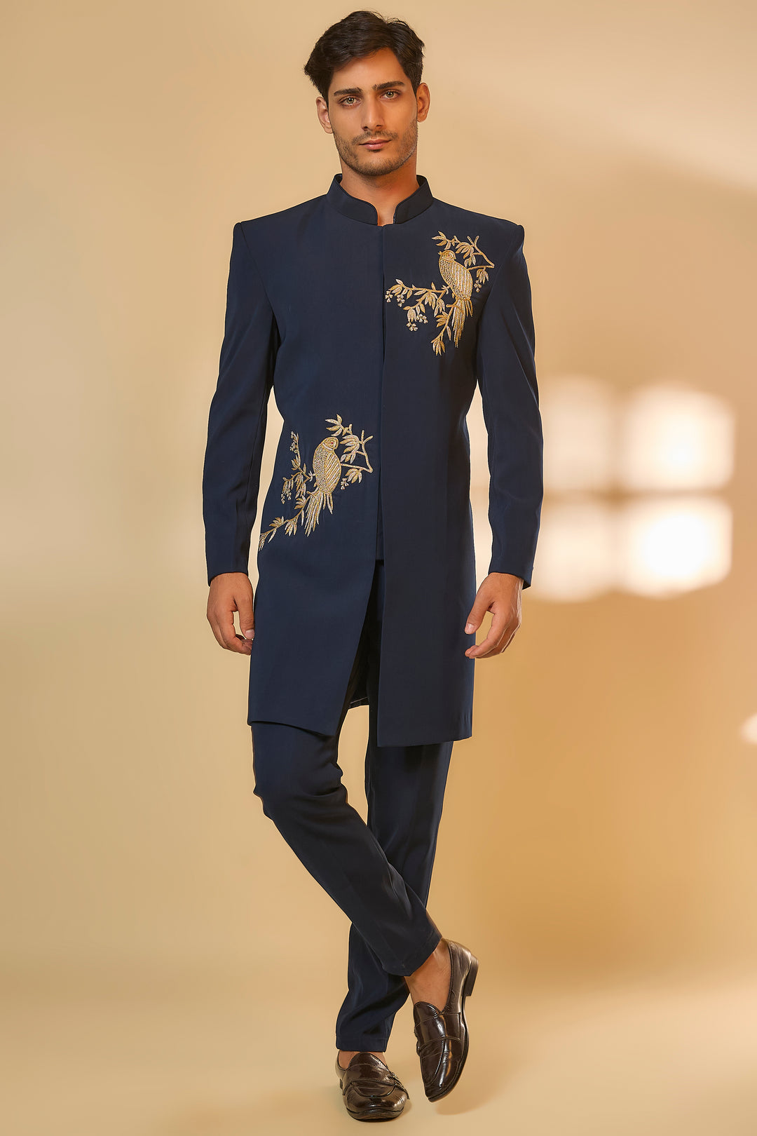 Abees Blue viscose zardosi sherwani set - front view