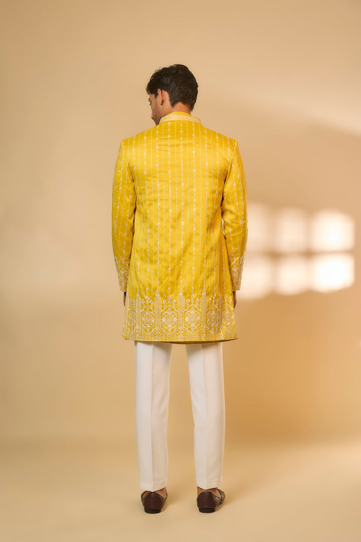 Abees Yellow cotton silk embroidered sherwani set - side view