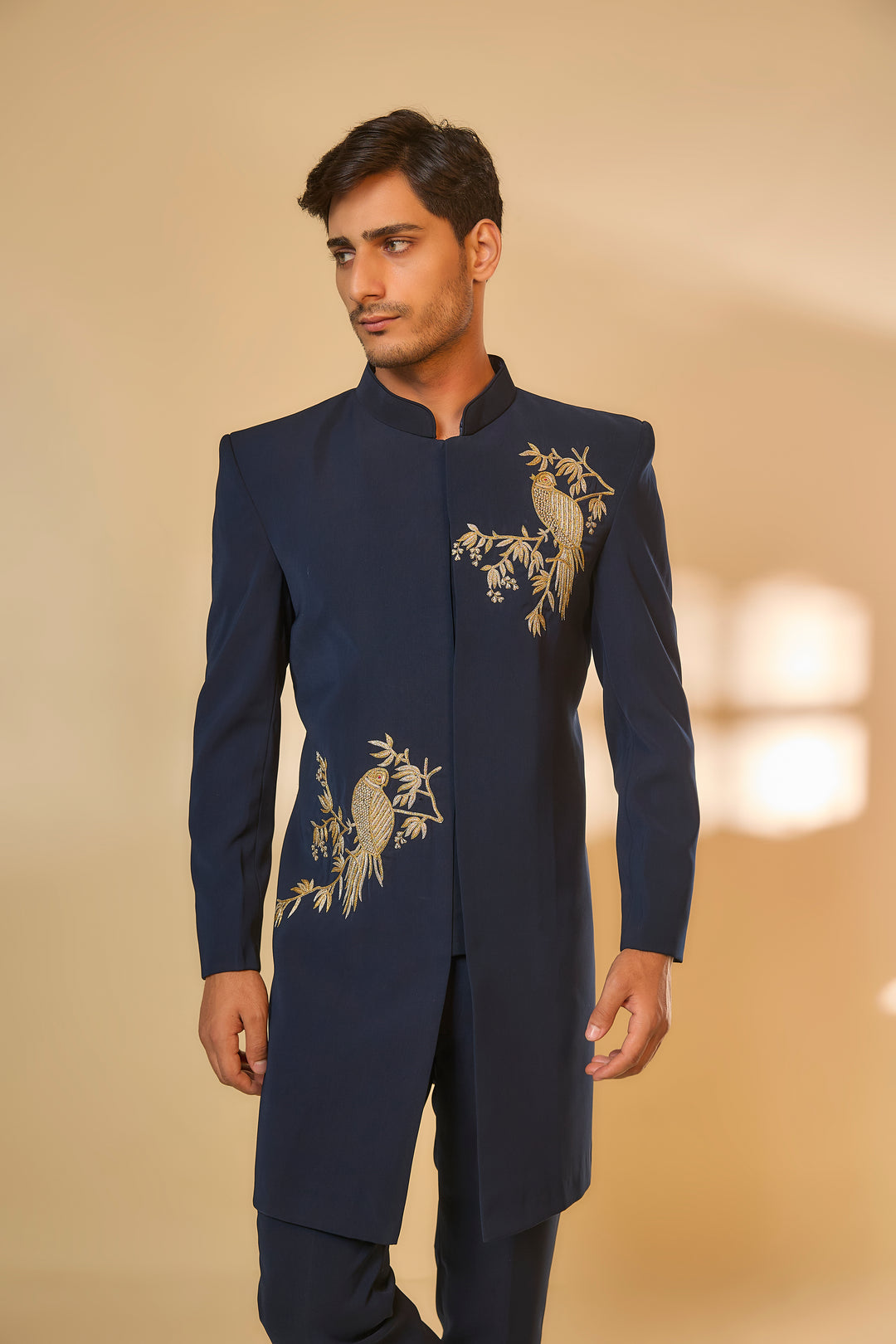 Abees Blue viscose zardosi sherwani set - side view