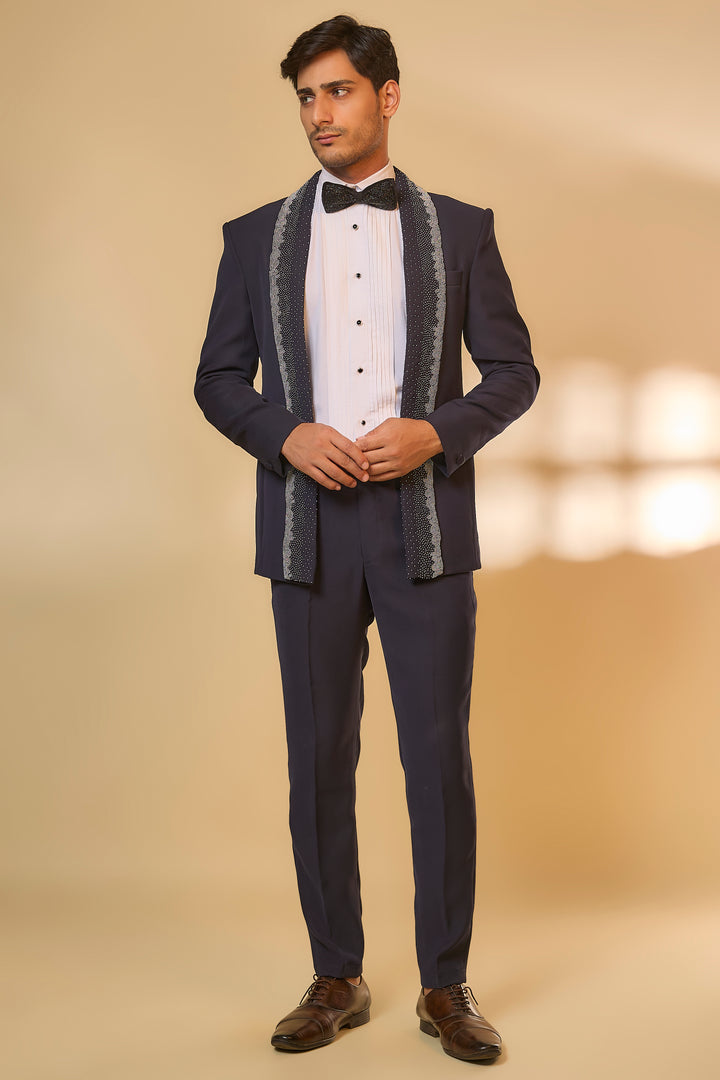 Abees Blue viscose beadwork tuxedo set - front view