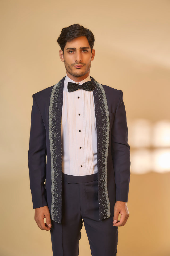 Abees Blue viscose beadwork tuxedo set - back view