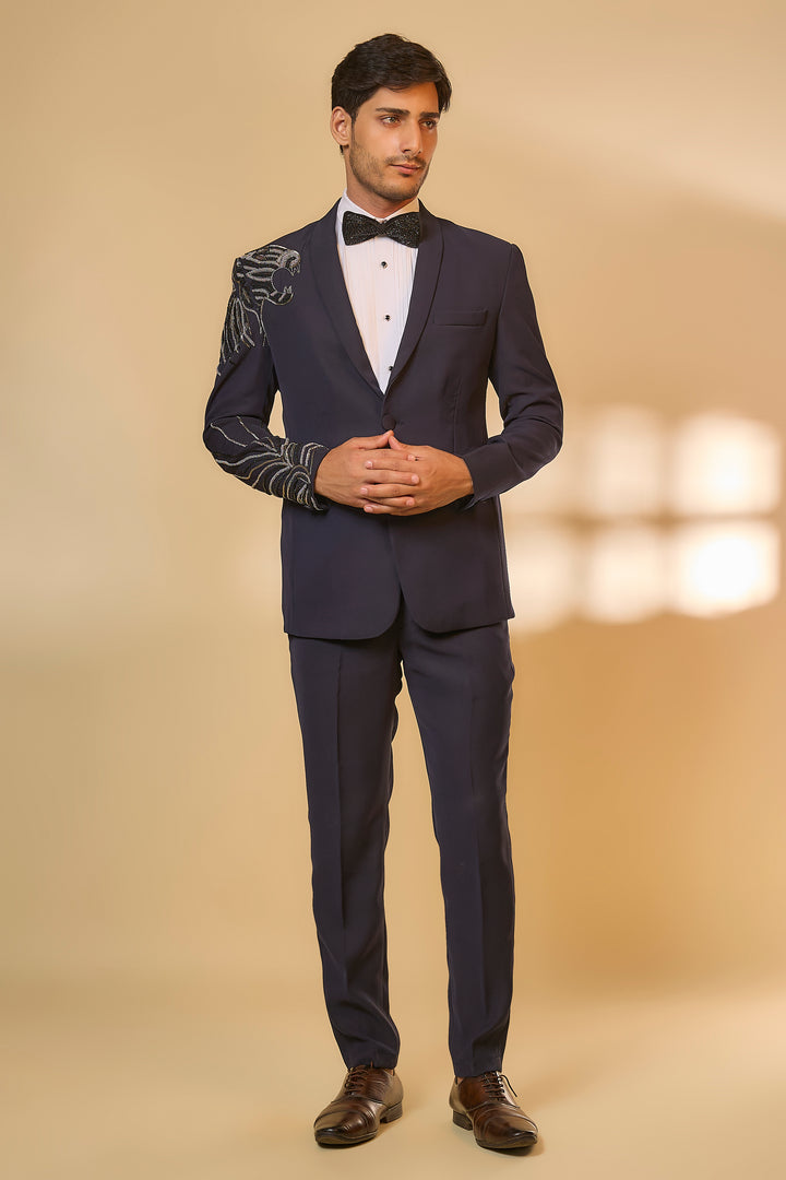 Abees Blue viscose beadwork tuxedo set - front view