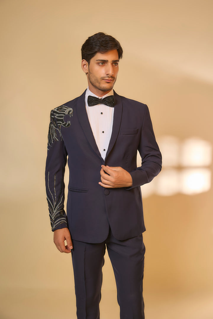 Abees Blue viscose beadwork tuxedo set - back view