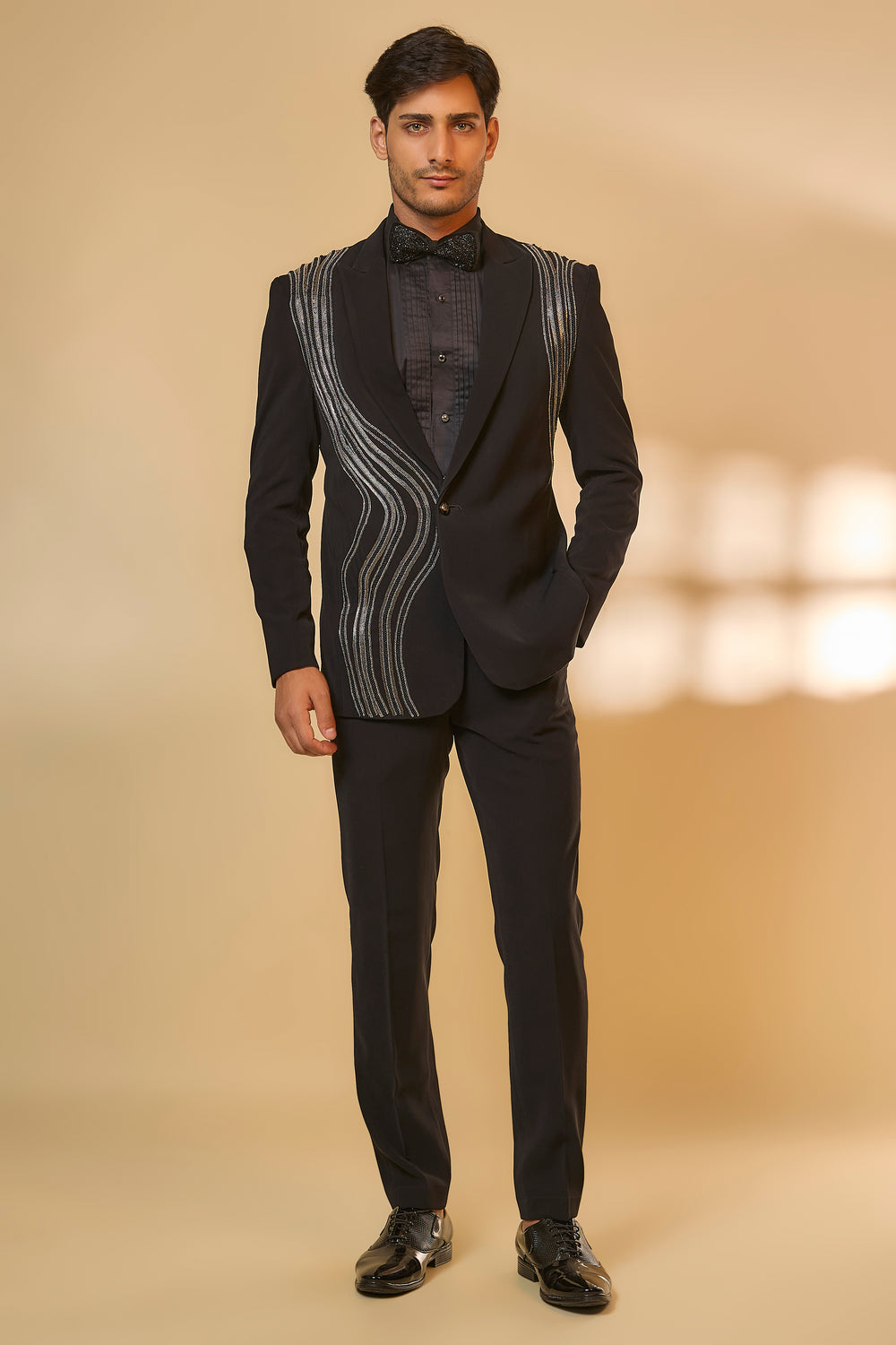 Abees Black viscose beadwork tuxedo set - front view