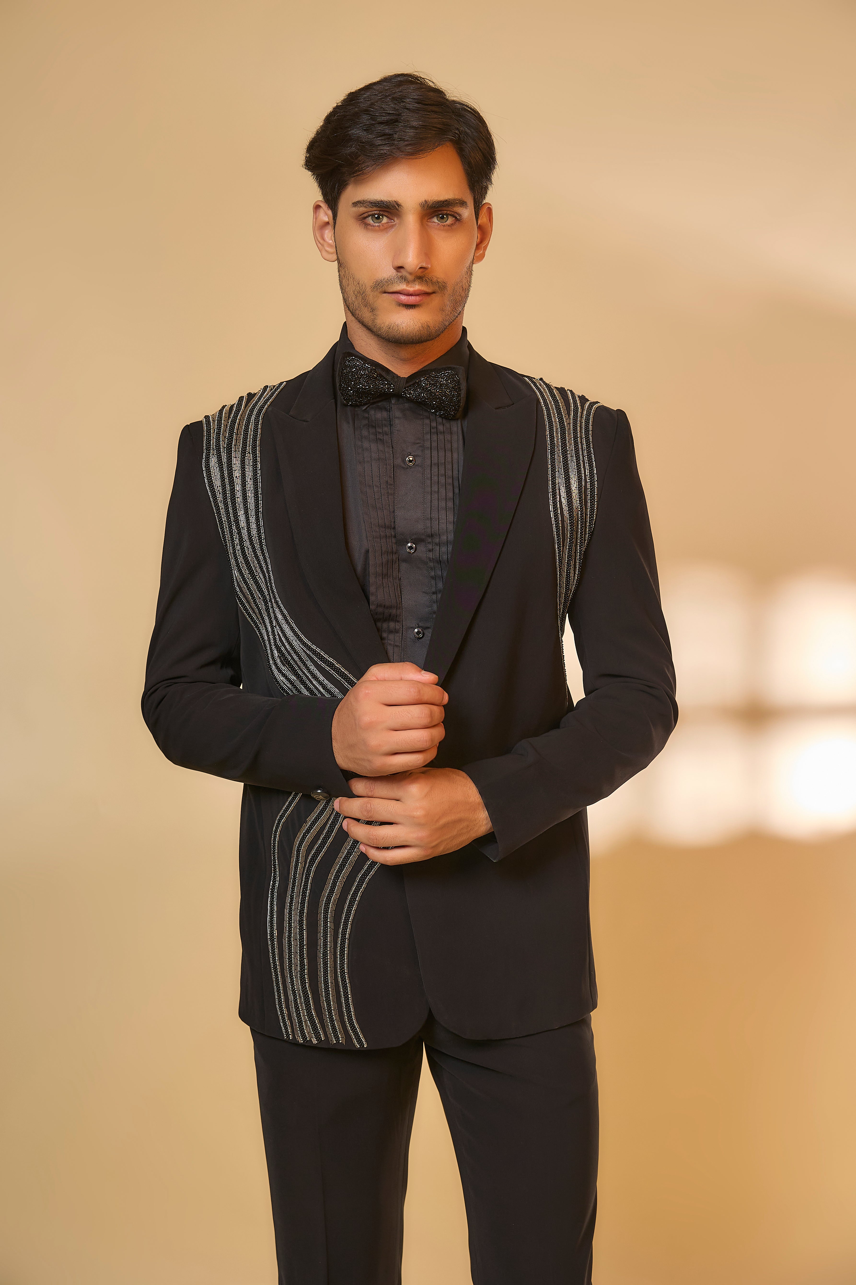 Black Japanese Rayon Cutdana Handwork Tuxedo Set