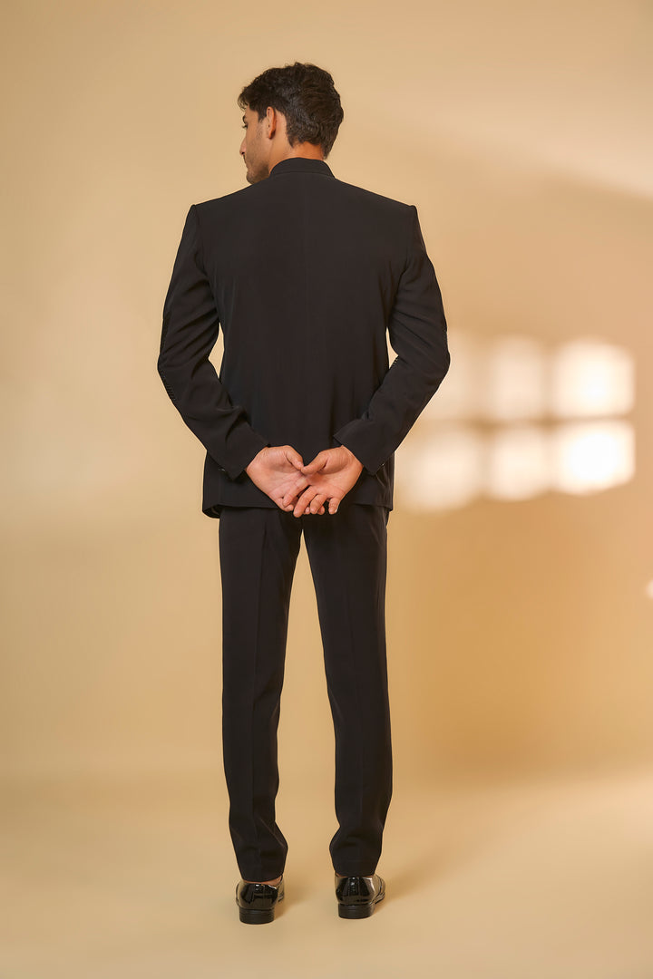 Abees Black viscose embroidered bandhgala set - side view