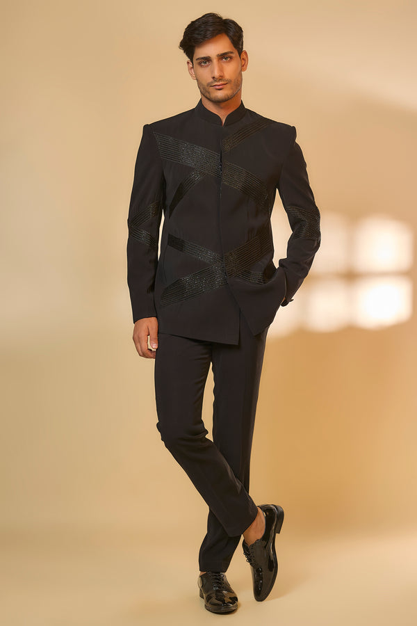 Abees Black viscose embroidered bandhgala set - front view