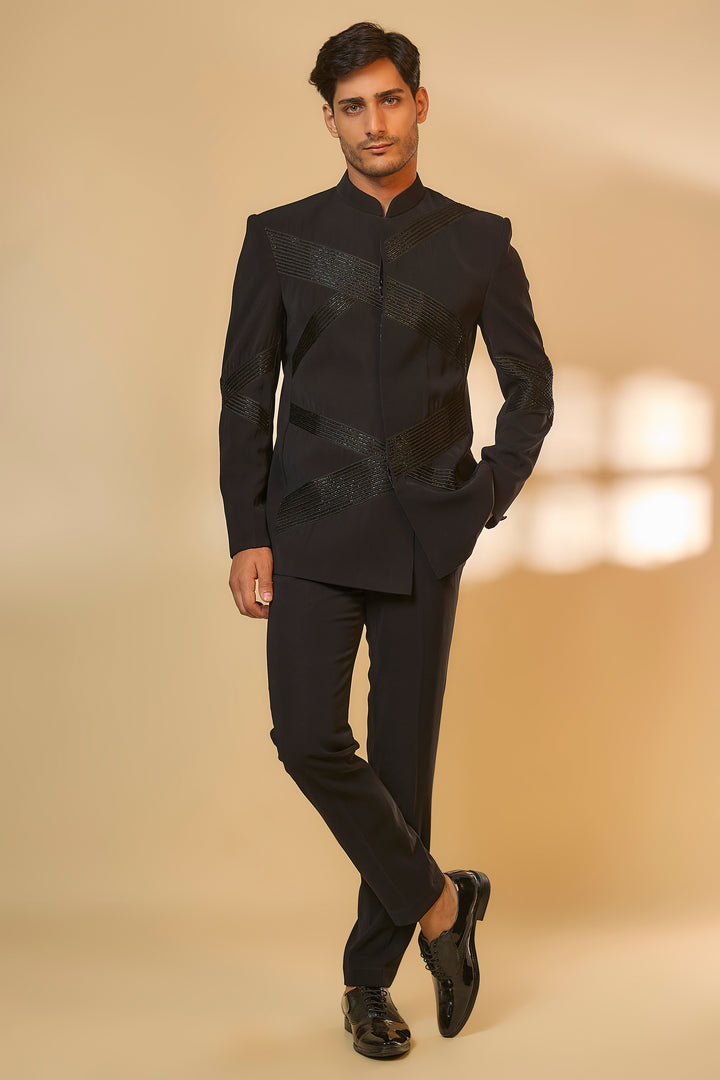 Abees Black viscose embroidered bandhgala set - front view