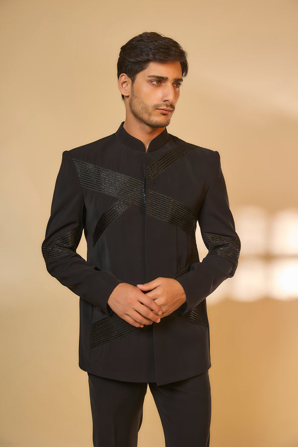 Abees Black viscose embroidered bandhgala set - back view