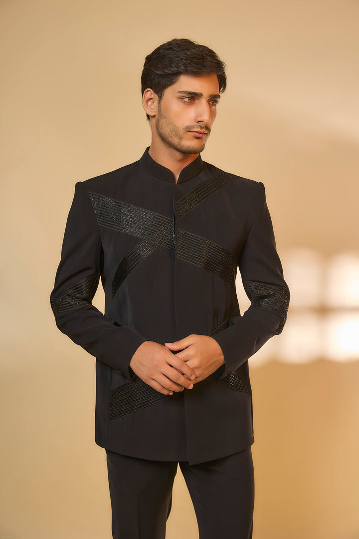 Abees Black viscose embroidered bandhgala set - back view