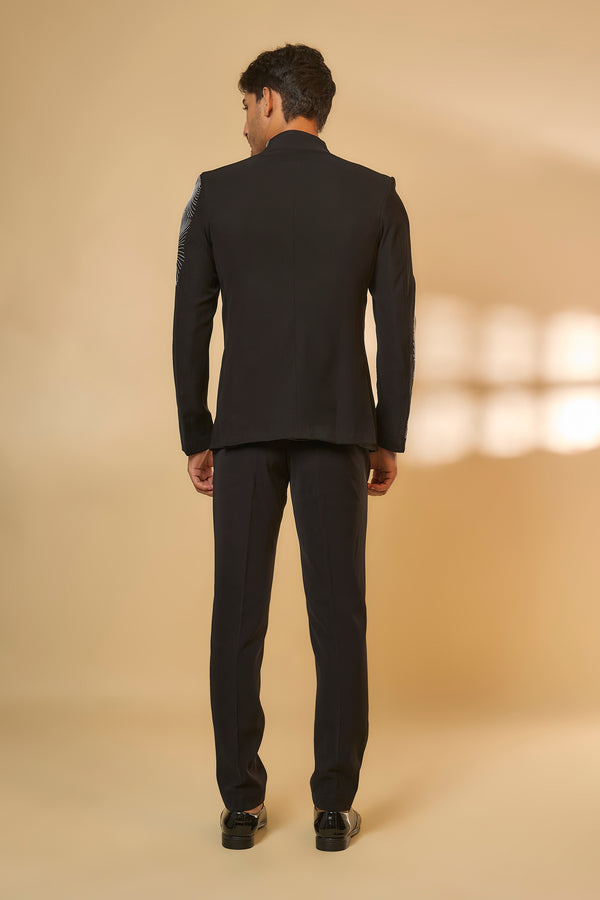 Abees Black viscose embroidered bandhgala set - back view