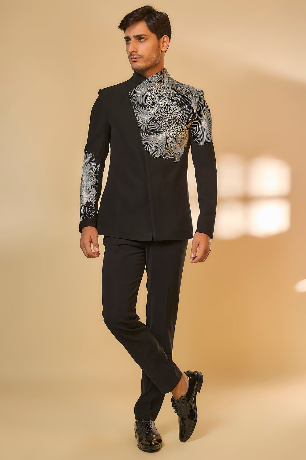 Abees Black viscose embroidered bandhgala set - front view