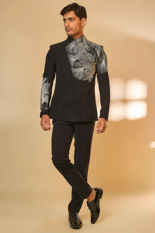 Abees Black viscose embroidered bandhgala set - front view