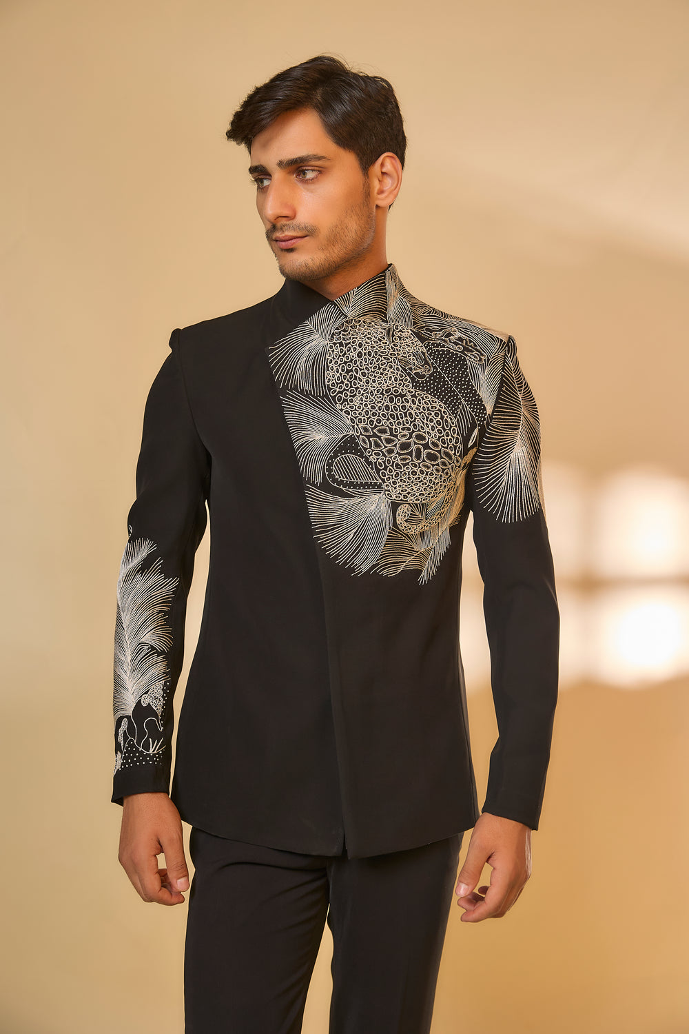Abees Black viscose embroidered bandhgala set - side view