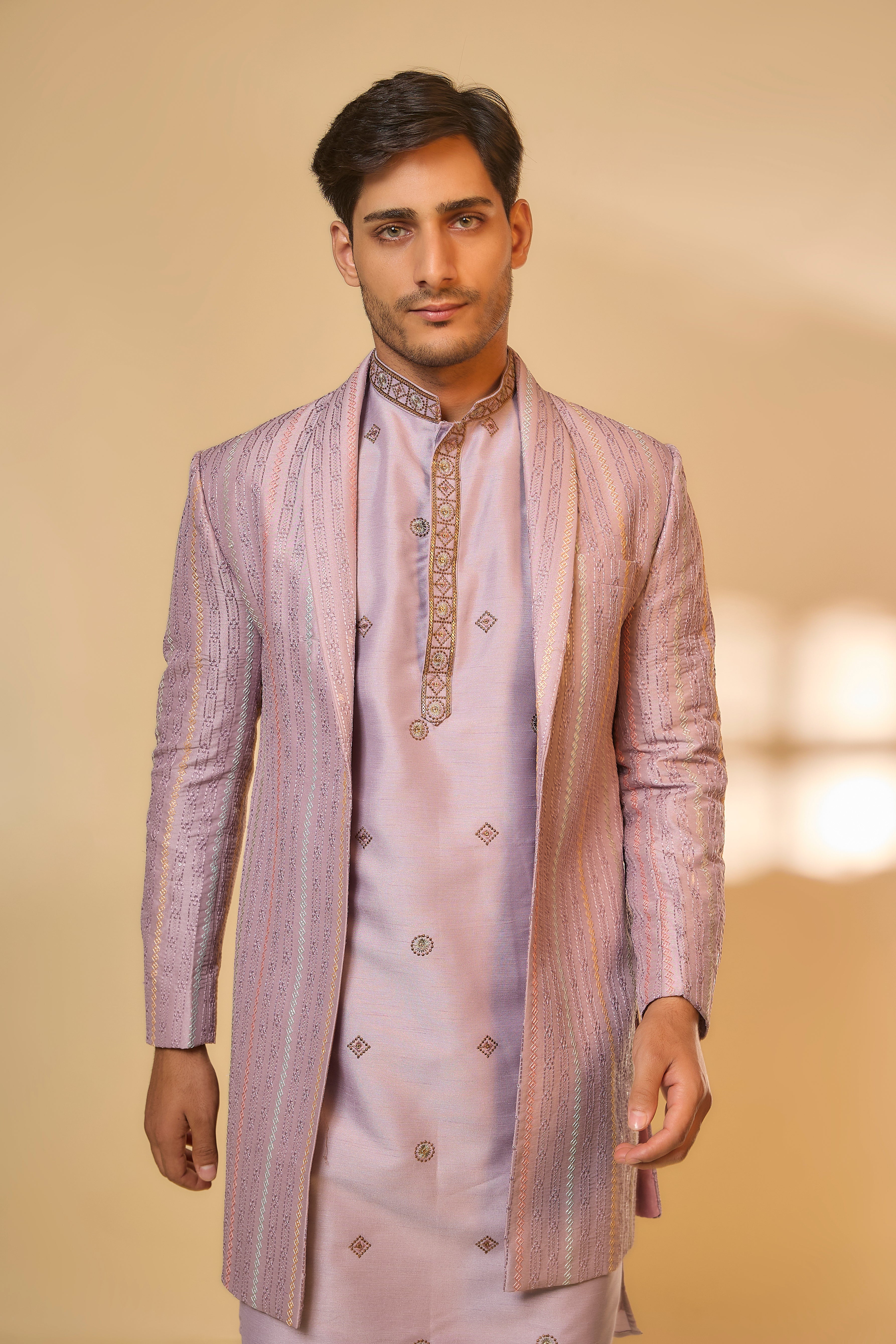Lavender Cotton Silk Machine Embroidered Sherwani Set